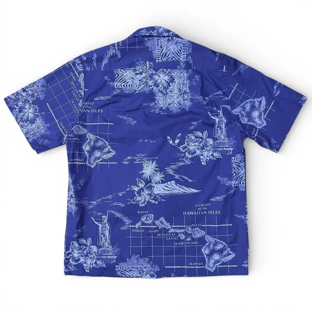 Vintage Howie Hawaiian Islands Shirt USA Made King Kamehameha Tropical Blue S M